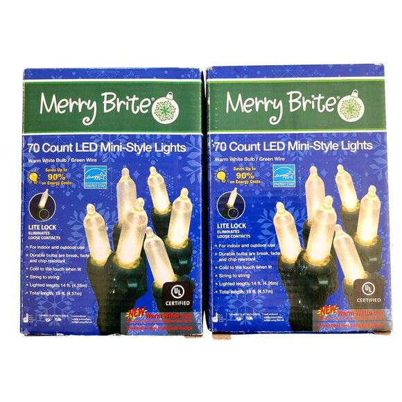 *NEW* 2-Pack Merry Brite Warm White LED Mini Lights 70 Count Christmas 15 ft - Picture 1 of 4
